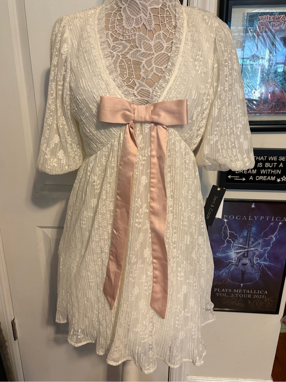 Seni & Code Ivory Lace Pink Bow Mini Dress NWT Cottagecore Size M will fit Large
